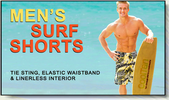 Mens Swimwear, Swim trunks and Shorts. Cooltan tan-through swimwear!
